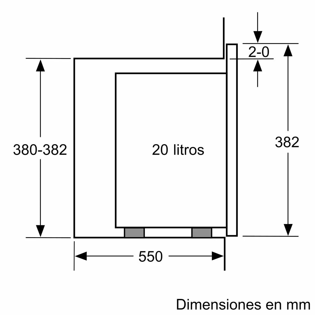 Balay 3CG5172N2 cristal negro, diagrama de dimensiones: 550mm ancho, 380-382mm alto, 20 litros capacidad
