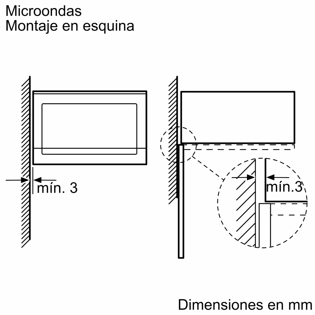 Balay 3CG5172N2 cristal negro, diagrama técnico: montaje en esquina con distancia mínima de 3 mm a la pared