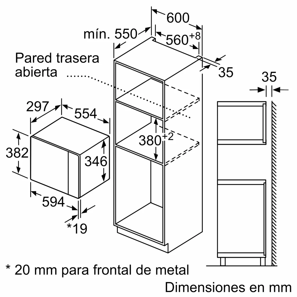 Balay 3CG5172N2 cristal negro, diagrama de instalación: dimensiones de encastre 594x382mm y hueco de mueble 600mm