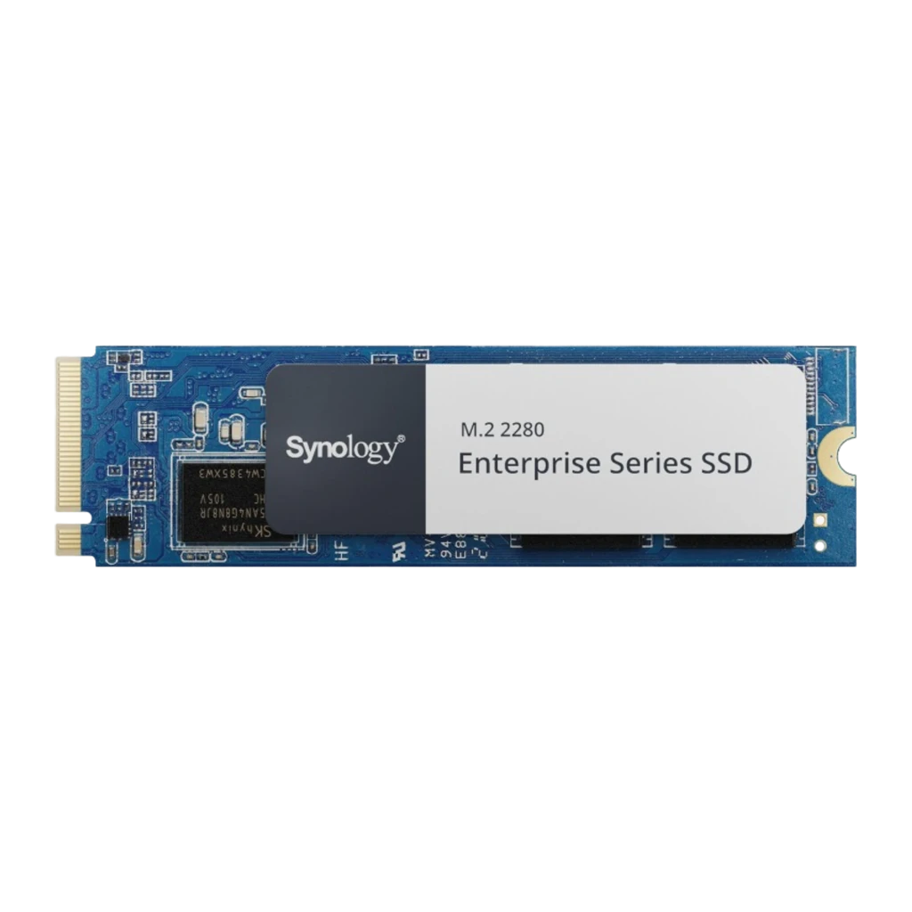 Synology SNV5420 1600GB SSD M.2 2280 NVMe, vista frontal: PCB azul con disipador bicolor y etiqueta Enterprise Series