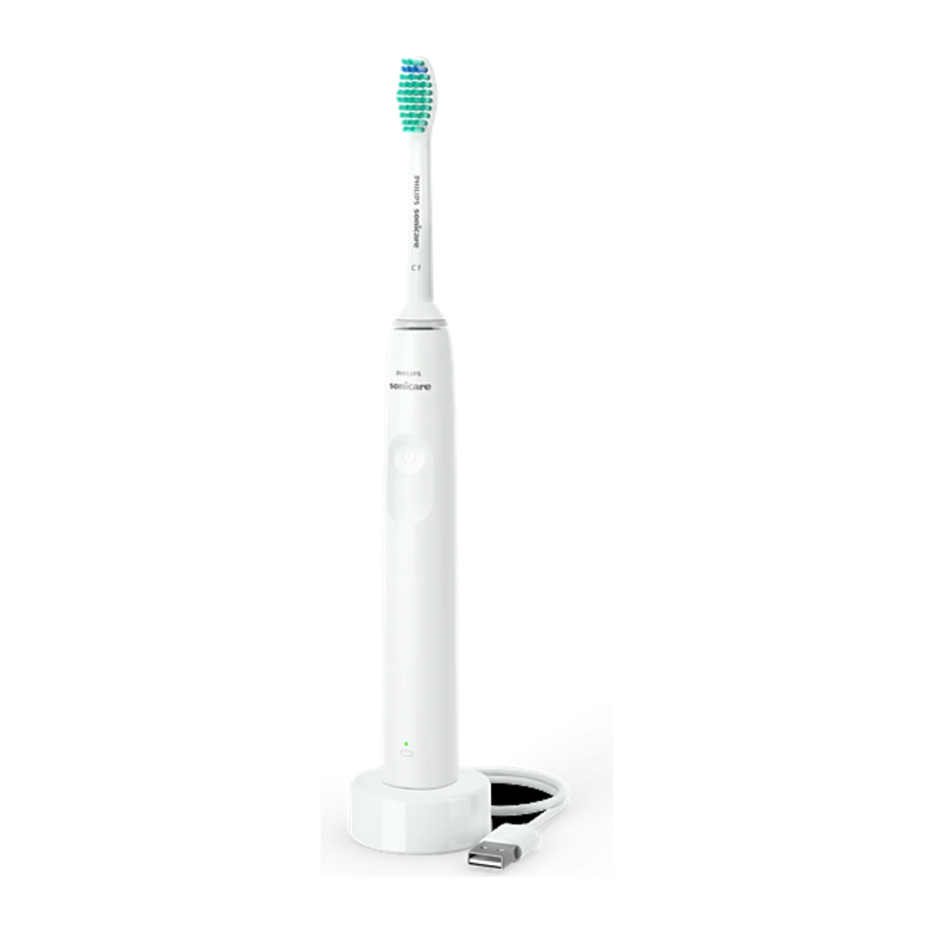 Philips Sonicare 2100 Series HX3651/13 blanco, vista frontal: cepillo en base cargadora con cable USB conectado y luz LED