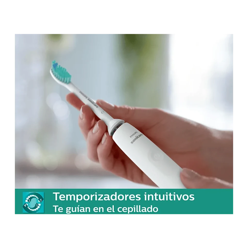 Philips Sonicare 2100 Series HX3651/13 Blanco, en mano: mango blanco con logo y cabezal turquesa sostenido por una mano