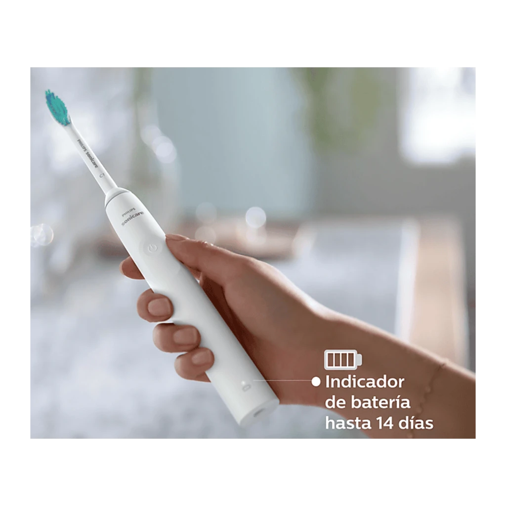 Philips Sonicare 2100 Series HX3651/13 blanco, en mano: mango blanco con indicador de batería hasta 14 días destacado