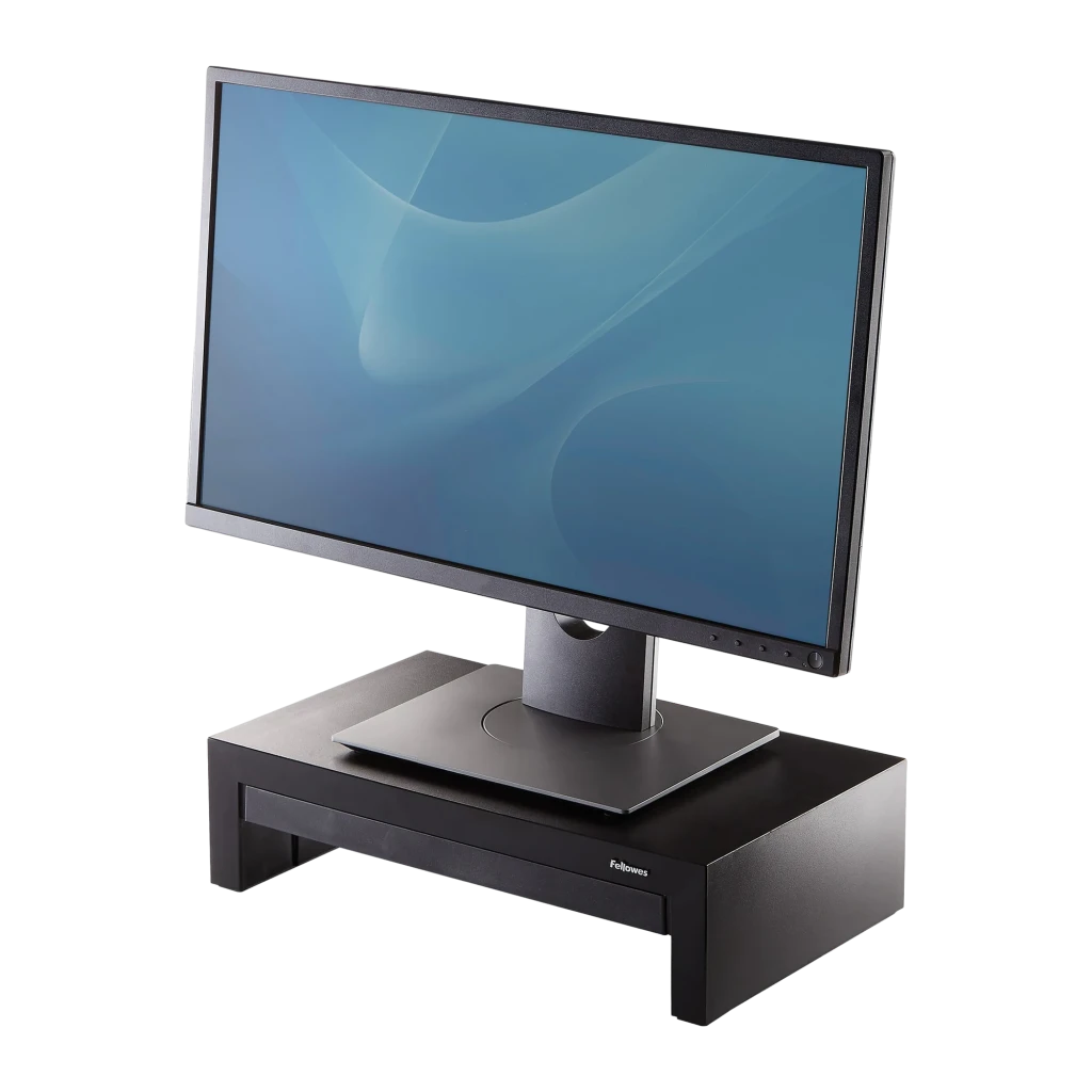 Fellowes Support Moniteur Designer Suites 8038101 Noir Nacré, vue angulaire: support surélevé avec moniteur dessus, tiroir