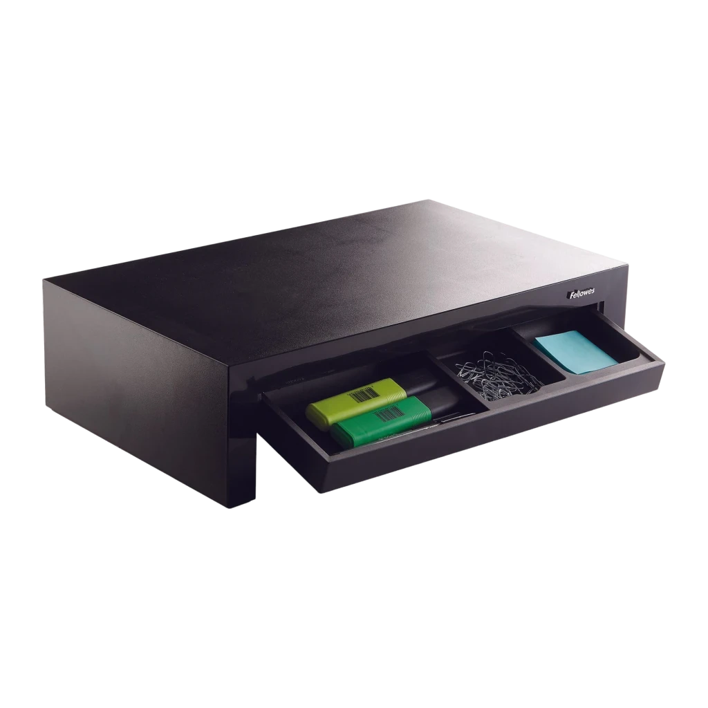 Fellowes Soporte Monitor Designer Suites 8038101 Negro Perlado, detalle cajón: cajón abierto con compartimentos y material
