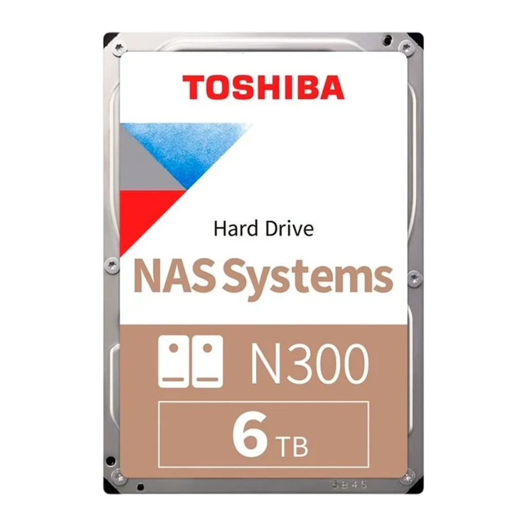 Toshiba N300 6TB plateado, vista frontal: etiqueta con logo, texto NAS Systems y capacidad 6TB