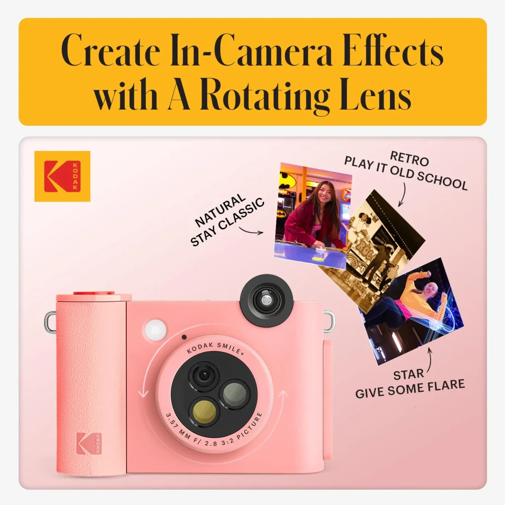 Kodak Instant Camera Smile+ 2x3 rosa, infografía: lente giratoria con efectos natural, retro y star mostrados en fotos