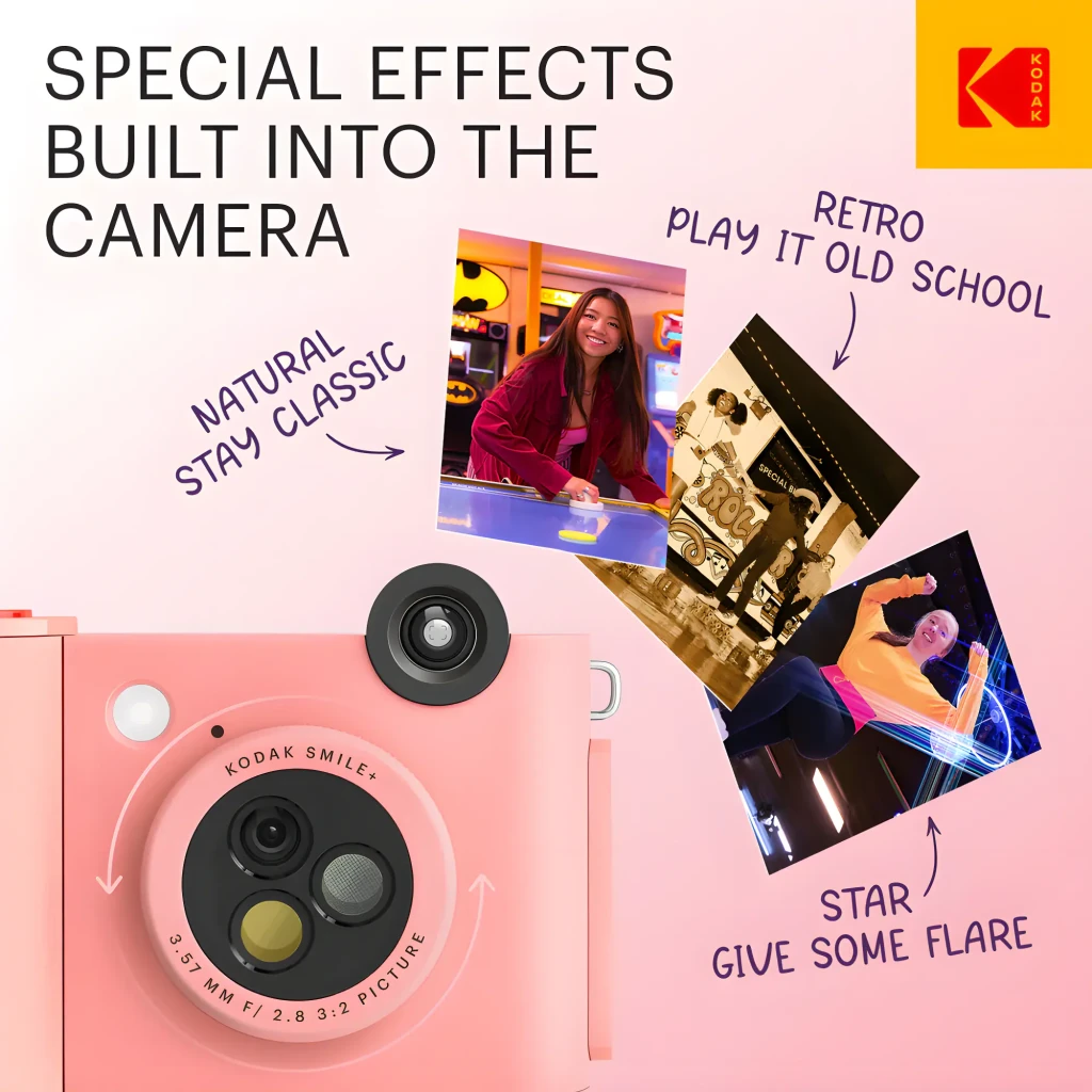 Kodak Instant Camera Smile+ 2x3 rosa, detalle frontal: módulo de cámaras y efectos especiales Natural, Retro y Star con