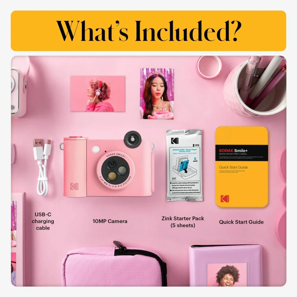 Kodak Instant Camera Smile+ 2x3 rosa, contenido del pack: cámara, cable USB-C, papel Zink, guía y funda