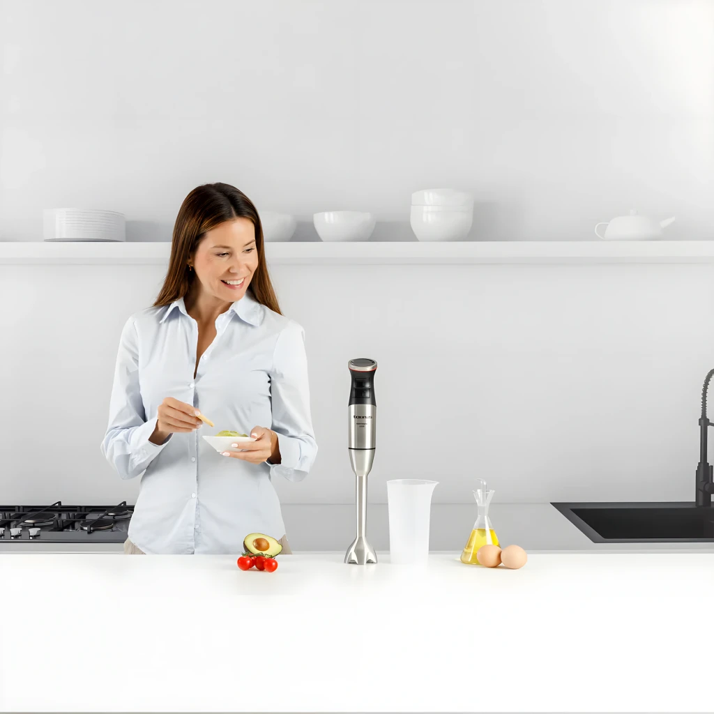 Taurus Batidora BAPI 1500 Inox, escena cocina: mujer preparando receta junto a la batidora de mano inox sobre encimera