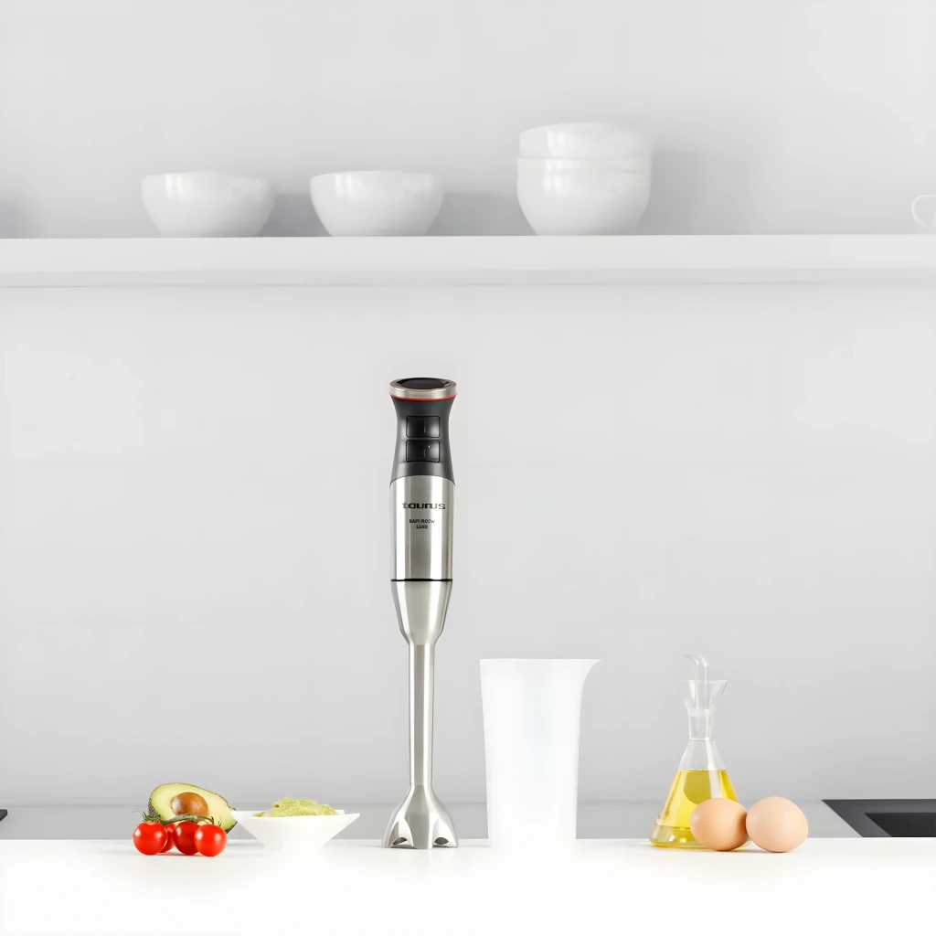 Taurus Batidora BAPI 1500 Inox, vista en escena: batidora de mano vertical en encimera con aguacate, tomates, huevos y aceite