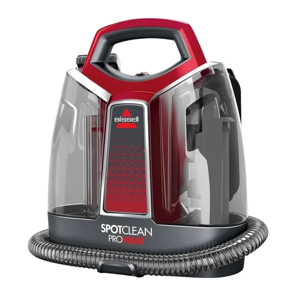 BISSELL SpotClean ProHeat 36988 rojo titanio, vista frontal sin accesorios: cuerpo completo con manguera enrollada y