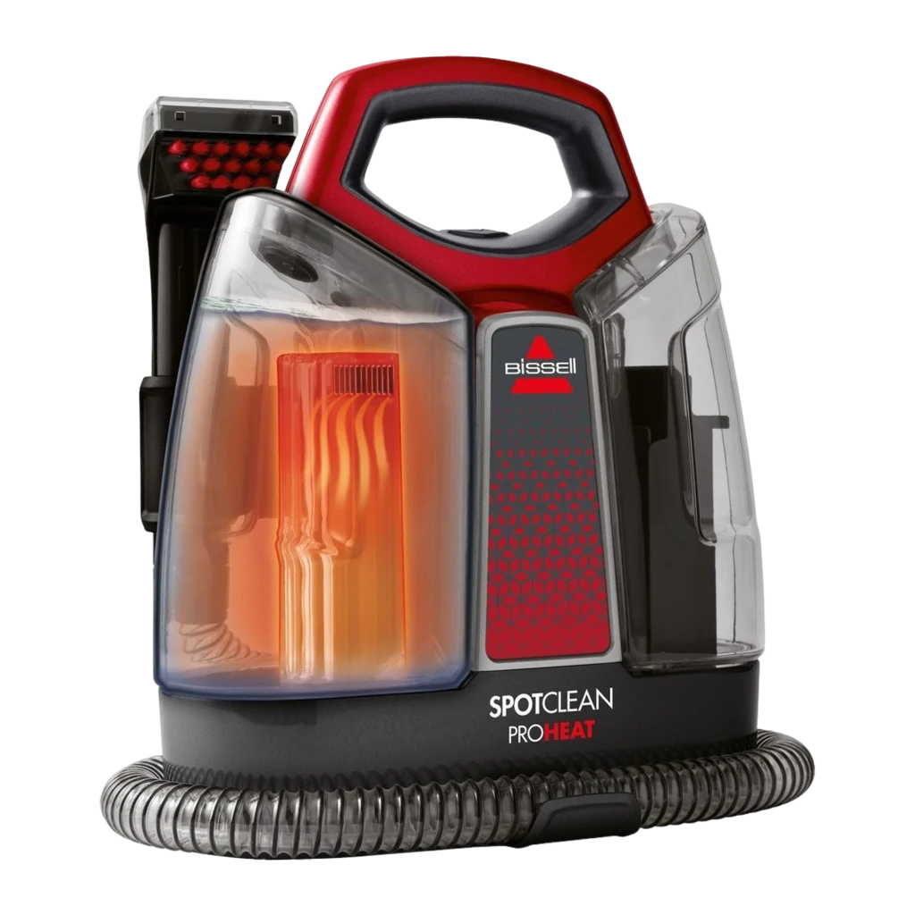 BISSELL SpotClean ProHeat 36988 vermelho titânio, vista frontal 3/4: depósito transparente iluminado, mangueira e acessório