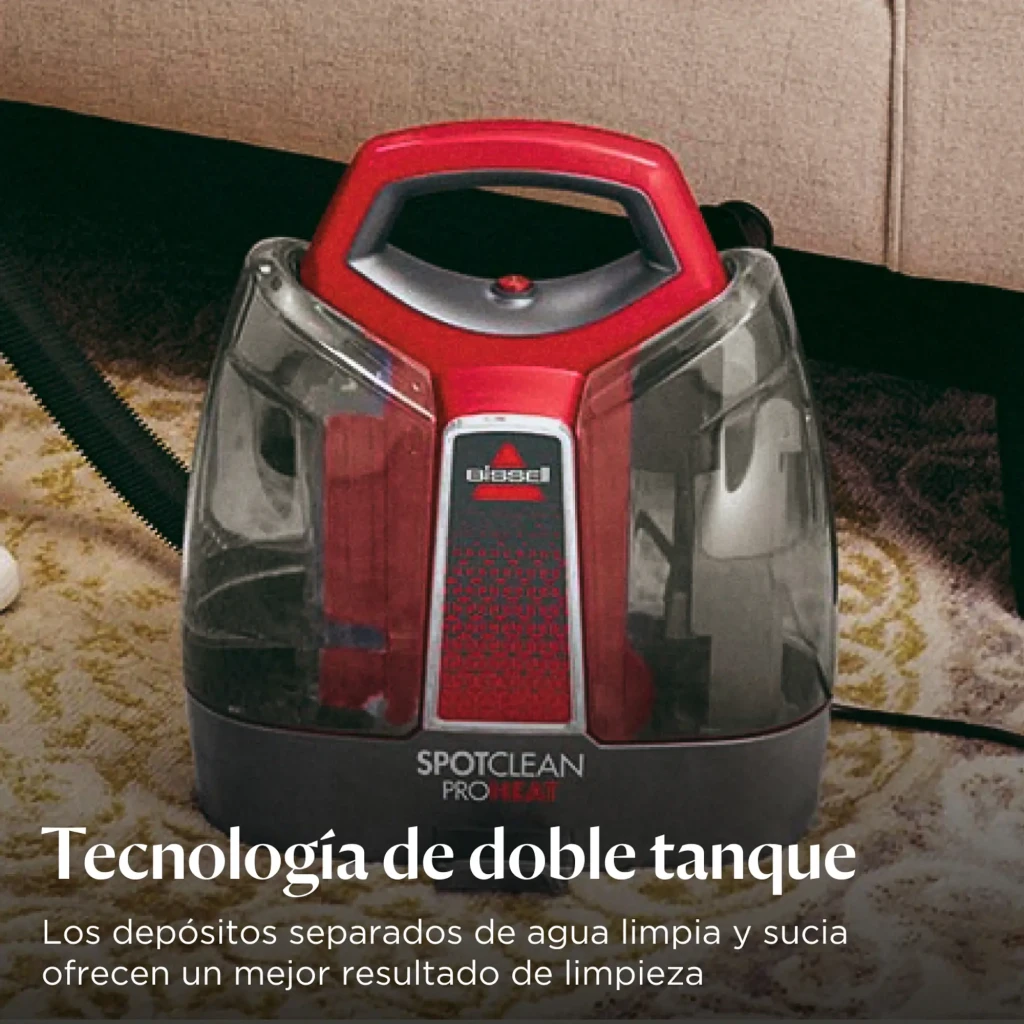 BISSELL SpotClean ProHeat 36988 Rojo Titanio, vista frontal sobre alfombra: doble tanque transparente visible y asa roja