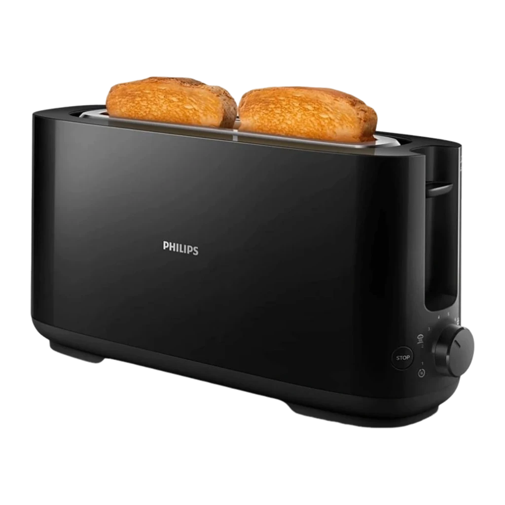 Philips Tostadora HD2590/90 Daily Collection negro, vista lateral: dos rebanadas tostadas en ranura larga, botón STOP y mando