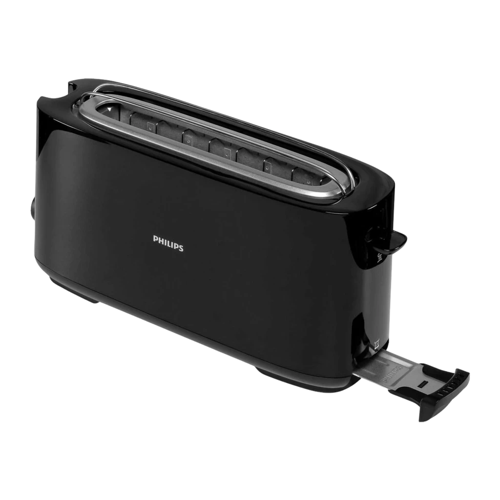 Philips Tostadora HD2590/90 Daily Collection negro, vista superior trasera: ranura larga vacía y bandeja recogemigas extraída