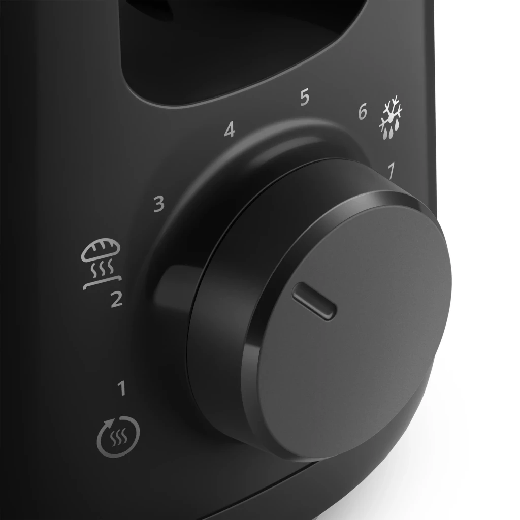 Philips Tostadora HD2590/90 Daily Collection Negro, detalle lateral: mando giratorio negro con niveles 1-7 e iconos de