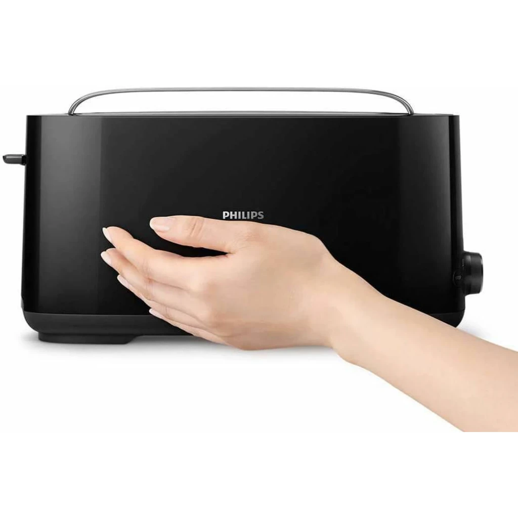 Philips Tostadora HD2590/90 Daily Collection negro, lateral: mano tocando la superficie brillante con asa cromada y mando