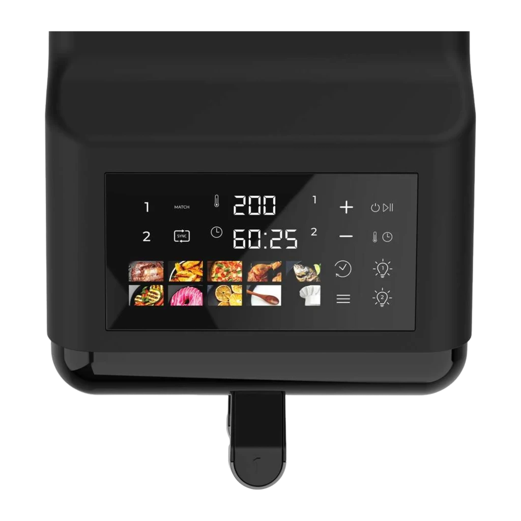 Cecotec Cecofry DuoLevel 12000 Window 12L Negro, detalle panel superior: pantalla táctil con programas, temperatura 200° y