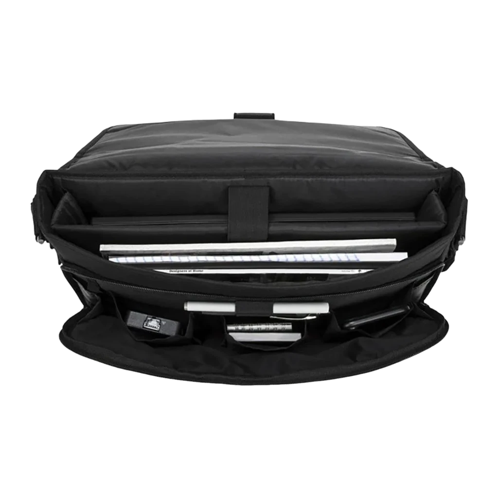 Lenovo ThinkPad 4X40Y95215 bandolera negro, vista interior: compartimentos abiertos con portátil, libros y accesorios