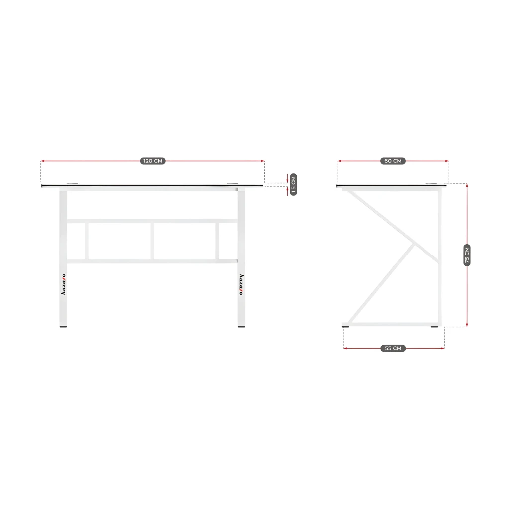 Huzaro Mesa gaming Hero 1.6 Blanca, diagrama técnico: vistas frontal y lateral con cotas 120x60x75 cm