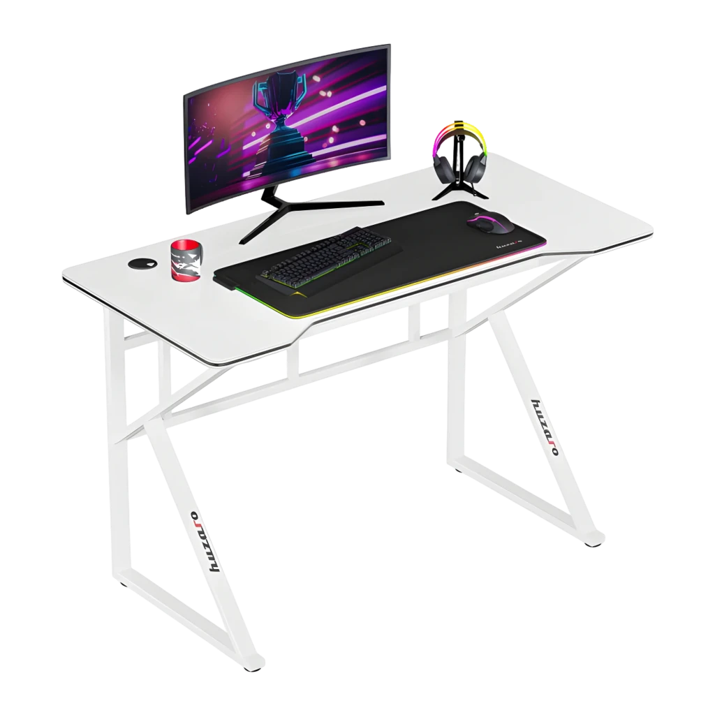 Huzaro Mesa Gaming Hero 1.6 Blanca, vista en perspectiva: superficie blanca con RGB, monitor, teclado y auriculares