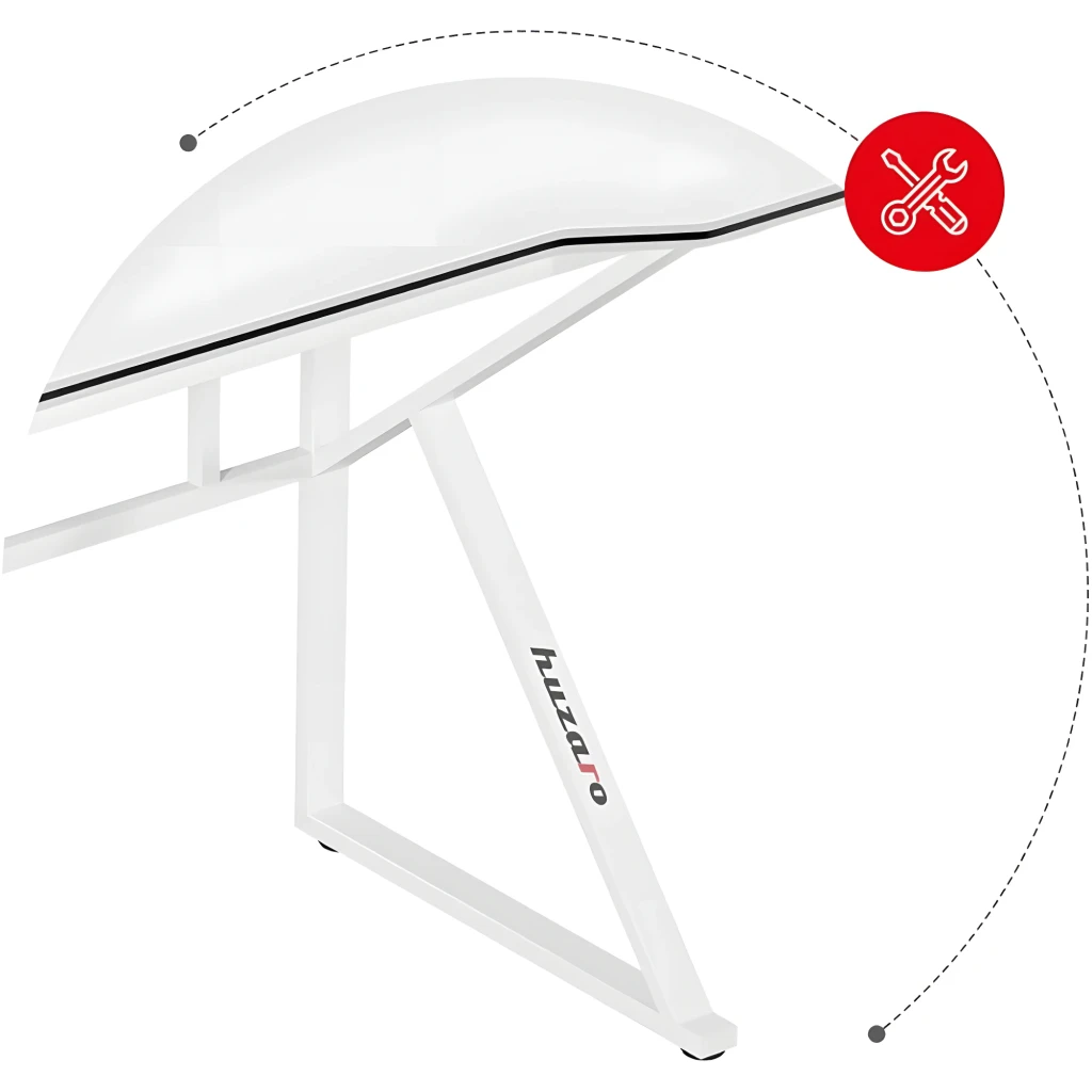 Huzaro Mesa gaming Hero 1.6 Blanca, vista lateral: patas en Z y superficie curva con icono de montaje fácil