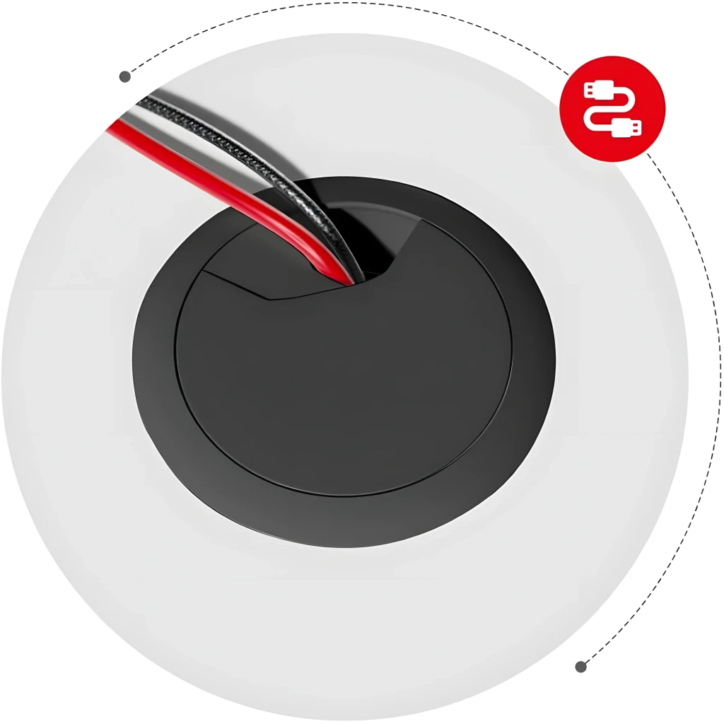 Huzaro Mesa gaming Hero 1.6 Blanca, detalle: pasacables circular negro en tablero con cables rojos y trenzados