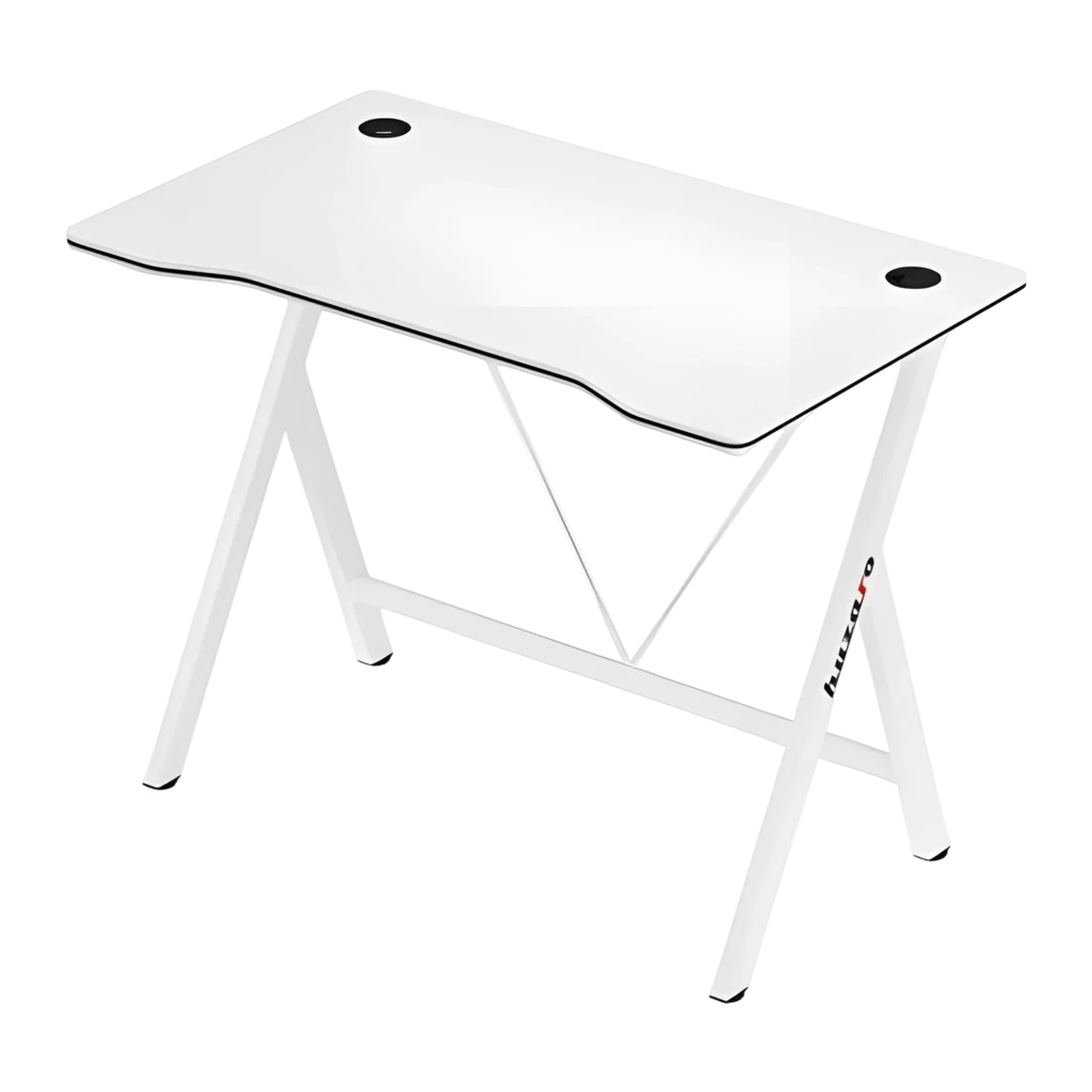 Huzaro Mesa gaming Hero 1.6 Blanca, vista en perspectiva: superficie blanca con pasacables y patas en X con logo