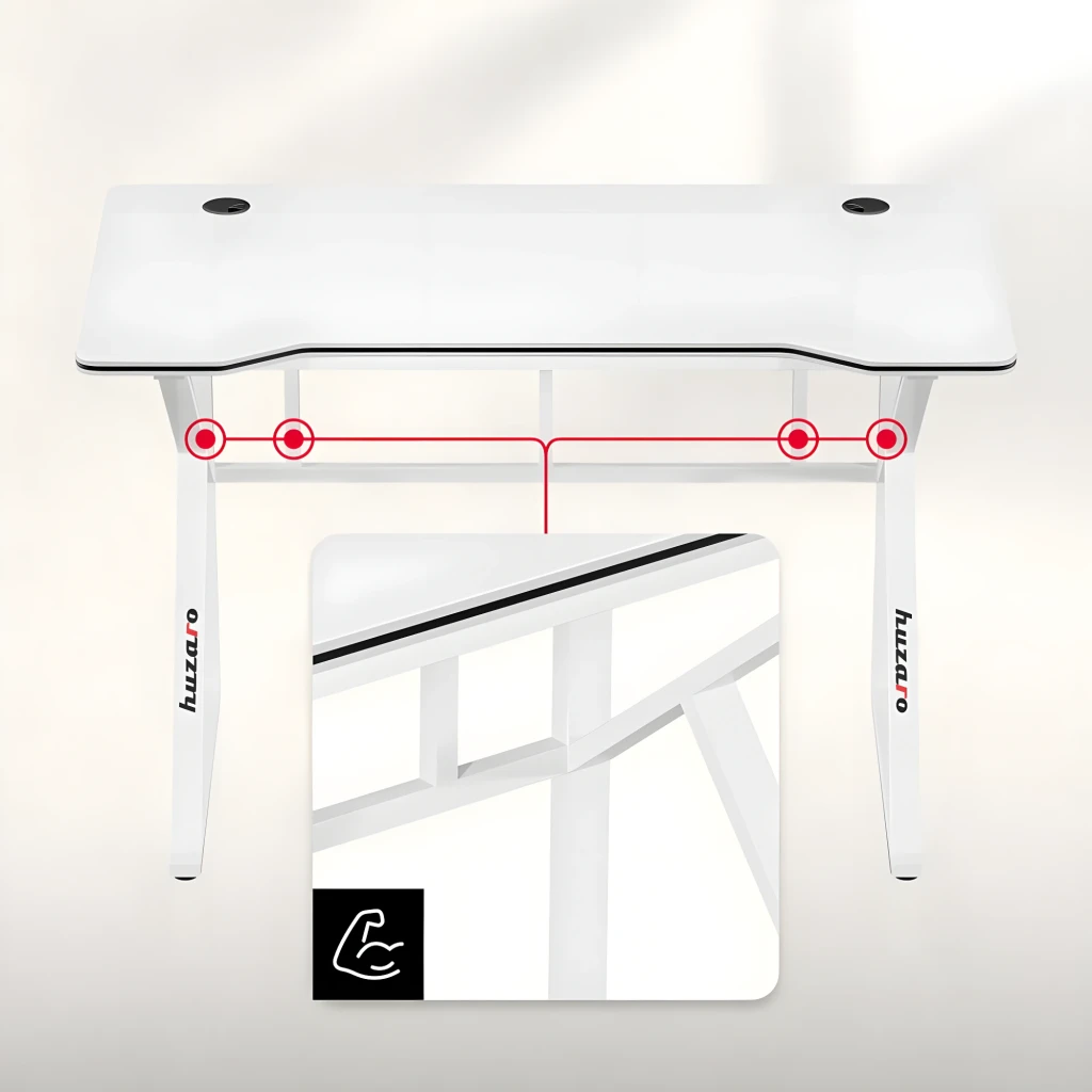 Huzaro Mesa Gaming Hero 1.6 Blanca, detalle estructura: patas reforzadas con diagrama de puntos de anclaje y zoom de unión