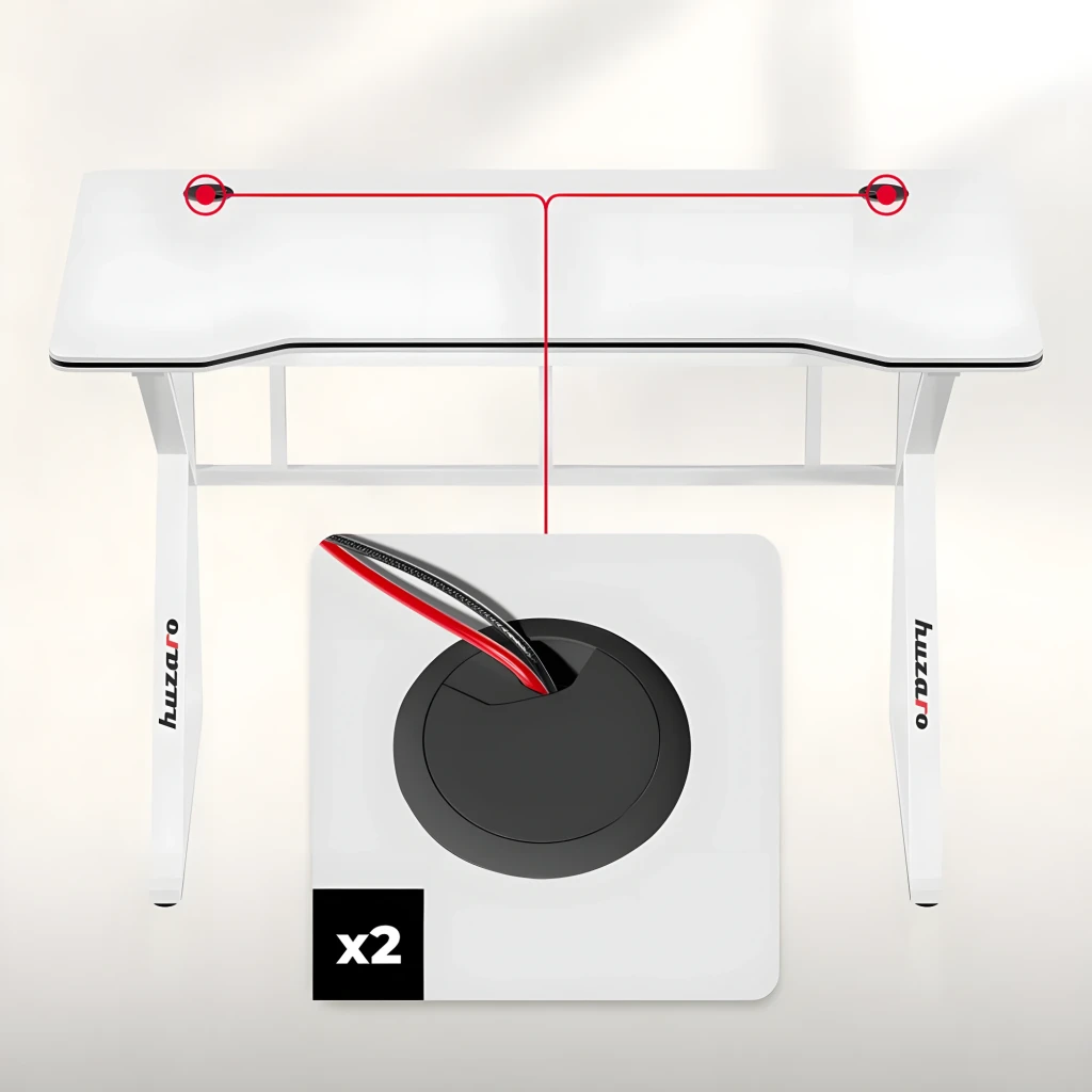 Huzaro Mesa gaming Hero 1.6 Blanca, detalle: pasacables circular negro x2 destacado con líneas rojas en la superficie