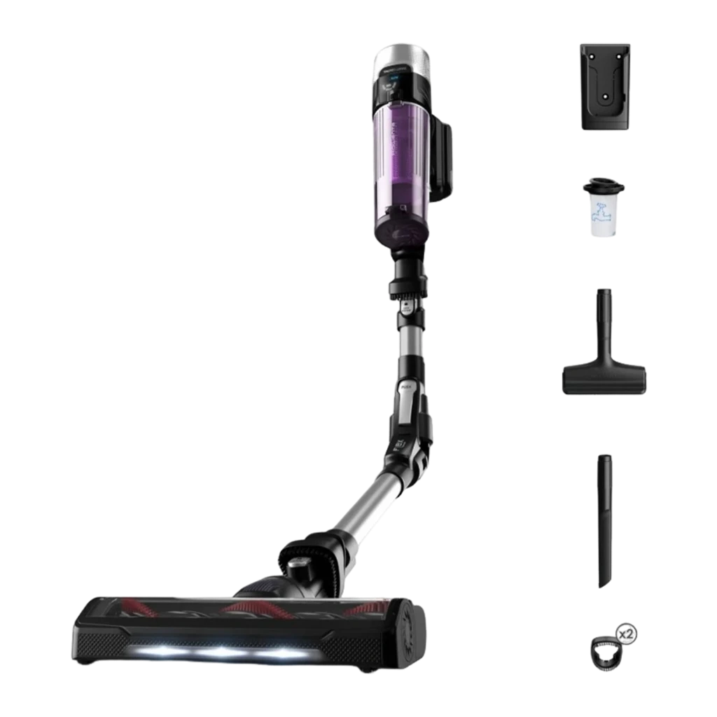 Rowenta X-Force Flex 9.60 Allergy RH2037WO negro púrpura, kit completo: aspiradora con cepillo iluminado y accesorios