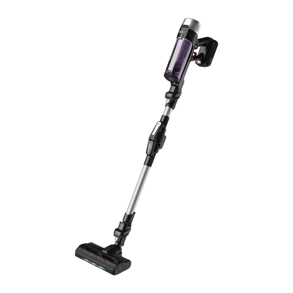 Rowenta X-Force Flex 9.60 Allergy RH2037WO negro púrpura, vista diagonal: aspiradora de palo completa con depósito púrpura y