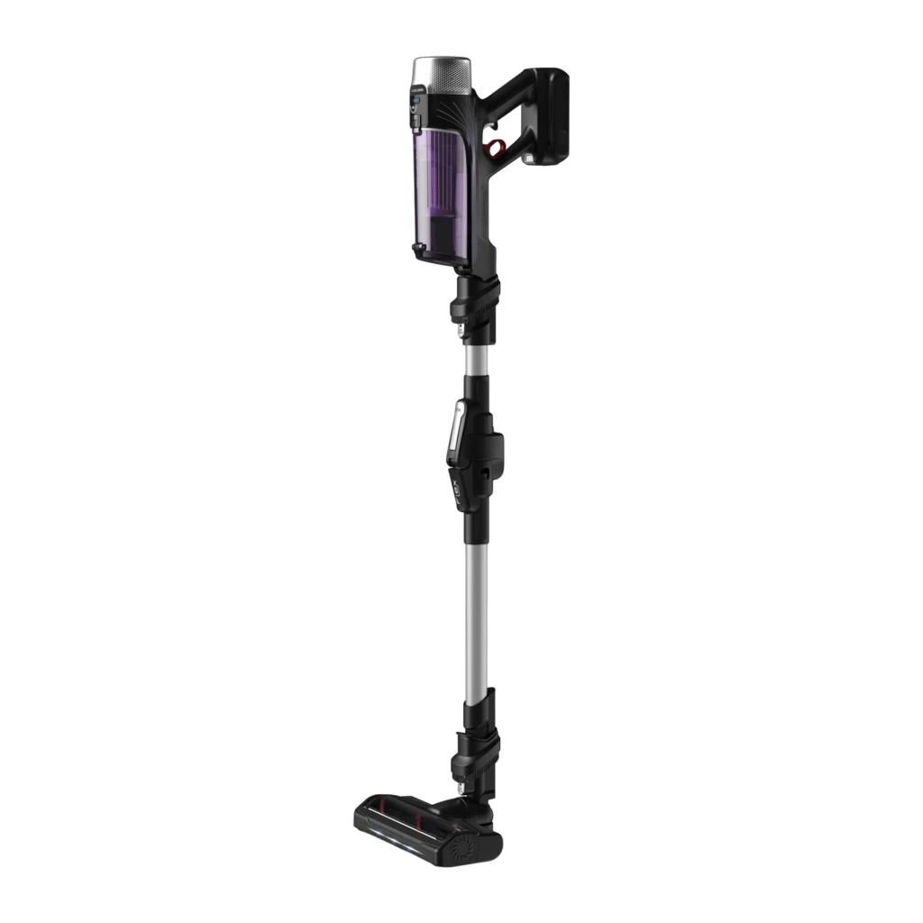 Rowenta X-Force Flex 9.60 Allergy RH2037WO negro púrpura, vista lateral: perfil recto mostrando tubo extensible y depósito