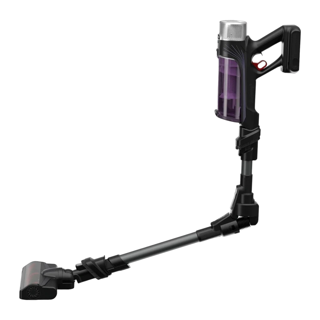 Rowenta X-Force Flex 9.60 Allergy RH2037WO negro púrpura, vista flex: tubo articulado doblado mostrando la articulación