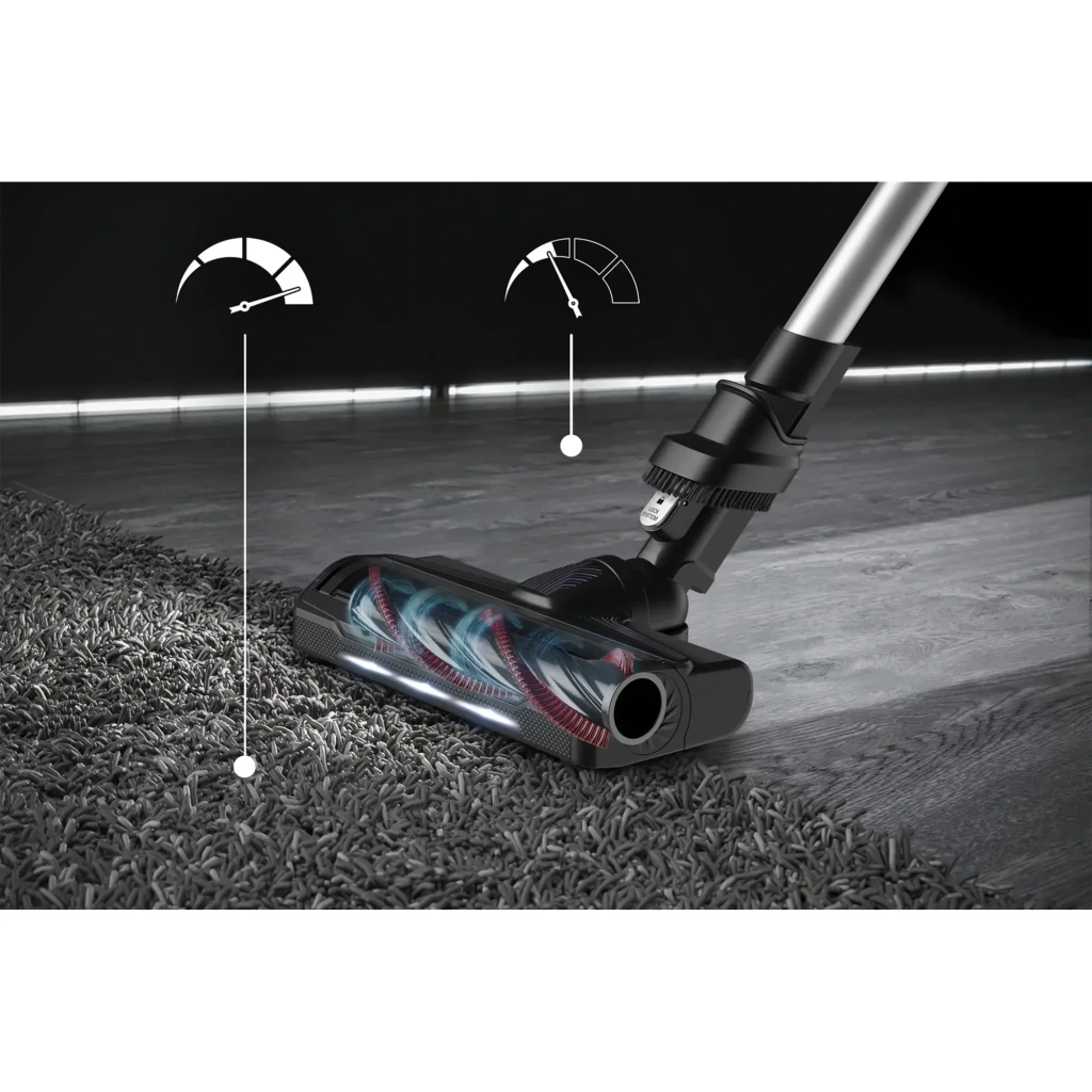 Rowenta X-Force Flex 9.60 Allergy RH2037WO Negro Púrpura, detalle cepillo: cabezal sobre moqueta con rodillo giratorio