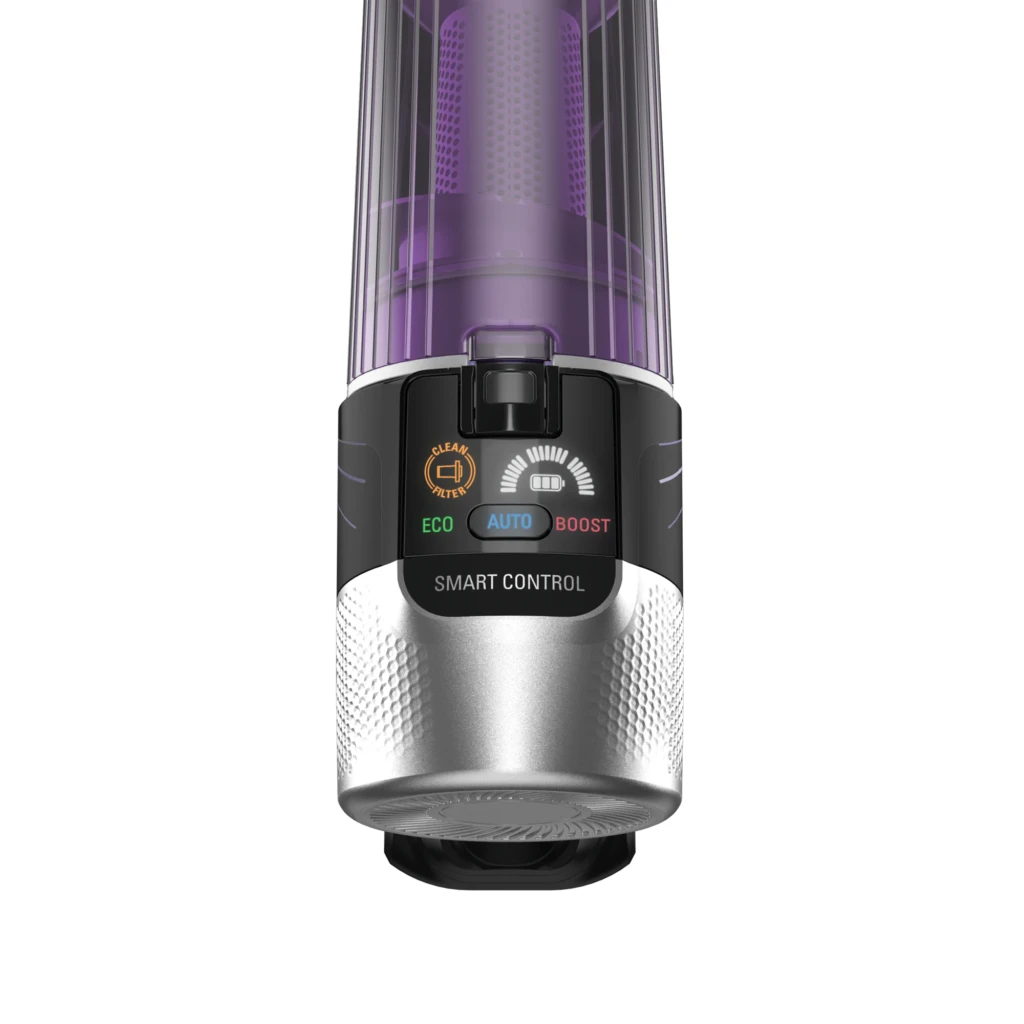 Rowenta X-Force Flex 9.60 Allergy RH2037WO Negro Púrpura, detalle: panel Smart Control con modos ECO AUTO BOOST y depósito