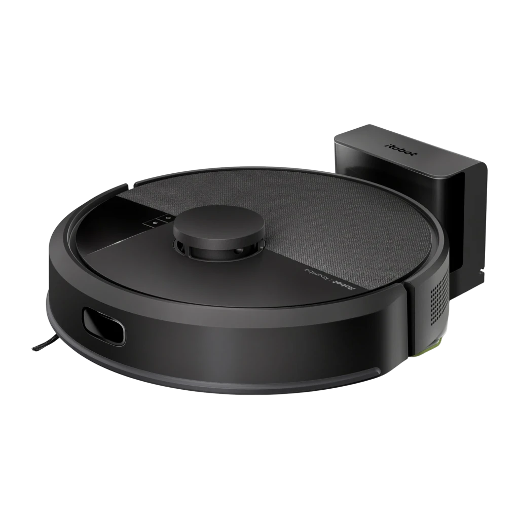 iRobot Roomba Combo 105 negro, vista frontal en ángulo con base de carga: robot acoplado a estación negra compacta, sensor