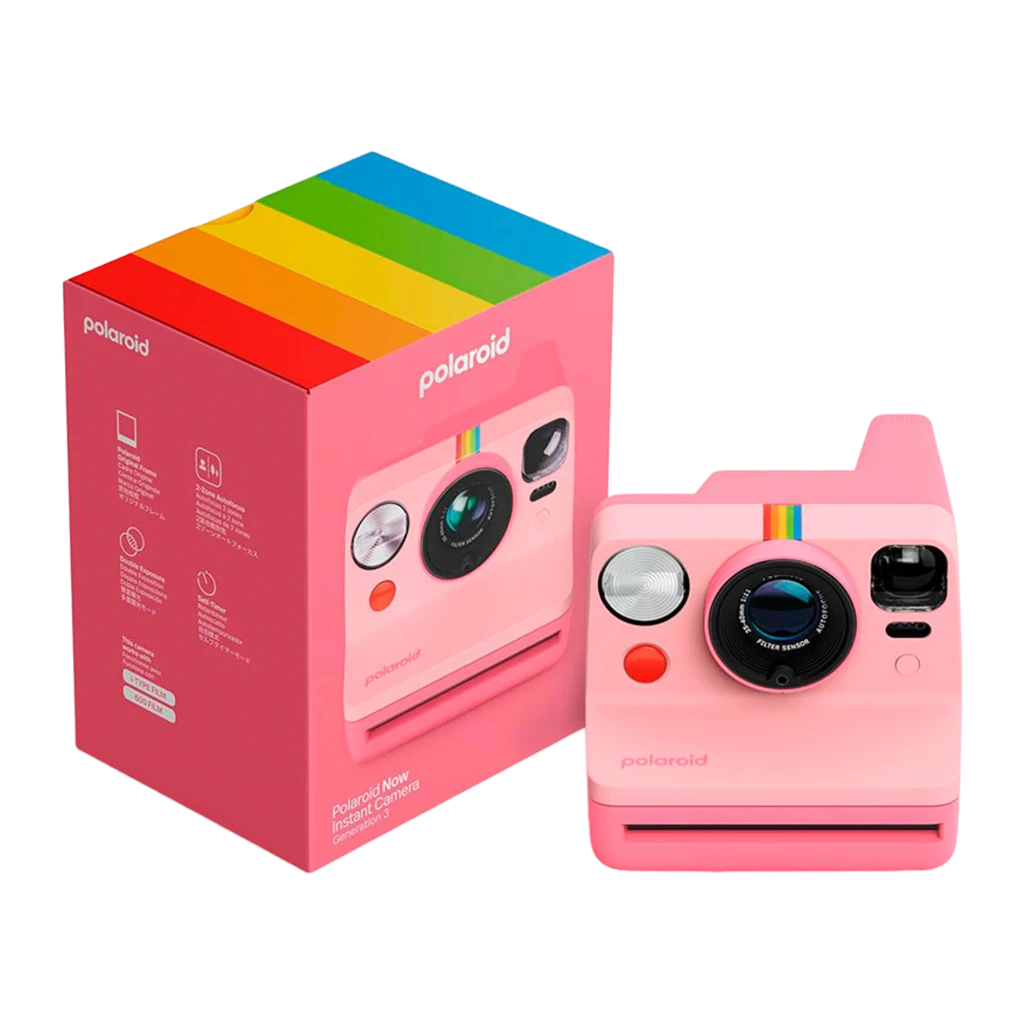 Polaroid Now Generation 3 Rosa, cámara con caja: packaging arcoíris junto a la cámara rosa de frente