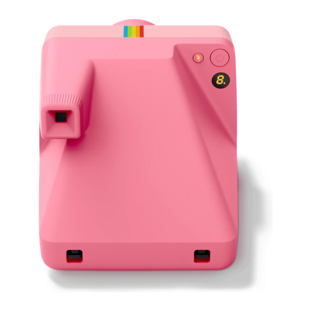 Polaroid Now Generation 3 Rosa, vista trasera: contador de fotos, botón de encendido, visor y franja arcoíris
