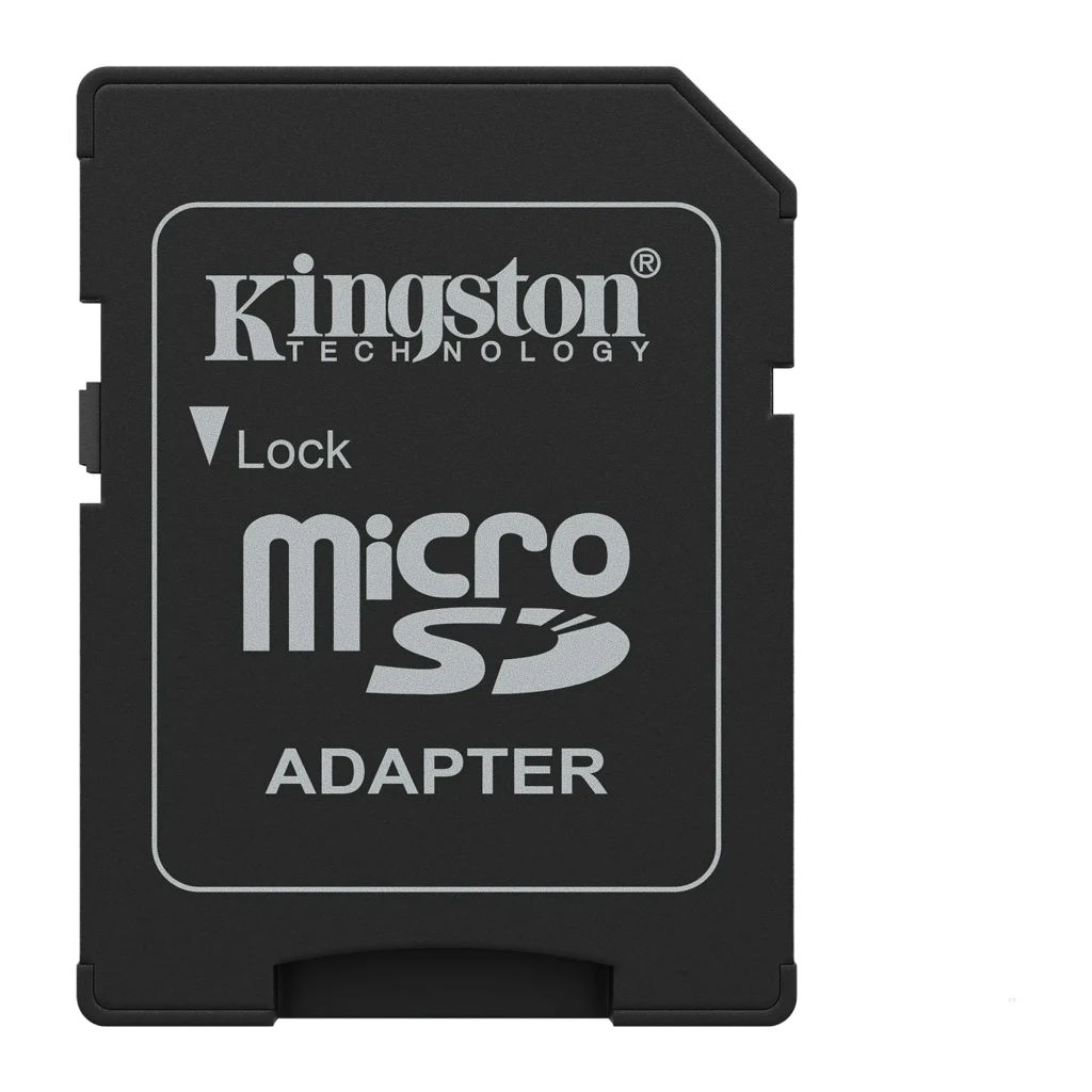 Kingston Canvas Select Plus microSD 128GB noir, kit: vue frontale de l'adaptateur SD noir avec logo Kingston et texte