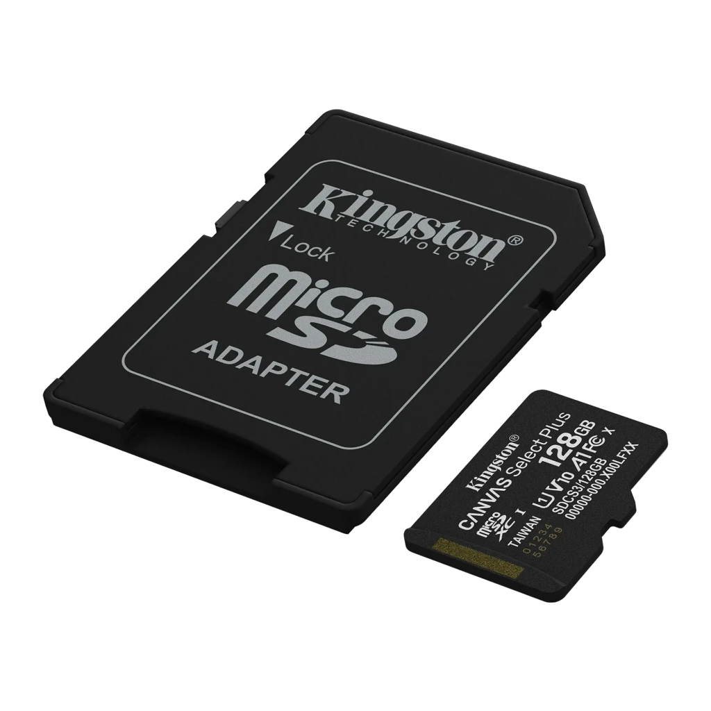 Kingston Canvas Select Plus microSD 128GB noir, kit en angle: grand adaptateur SD et petite carte microSD en perspective