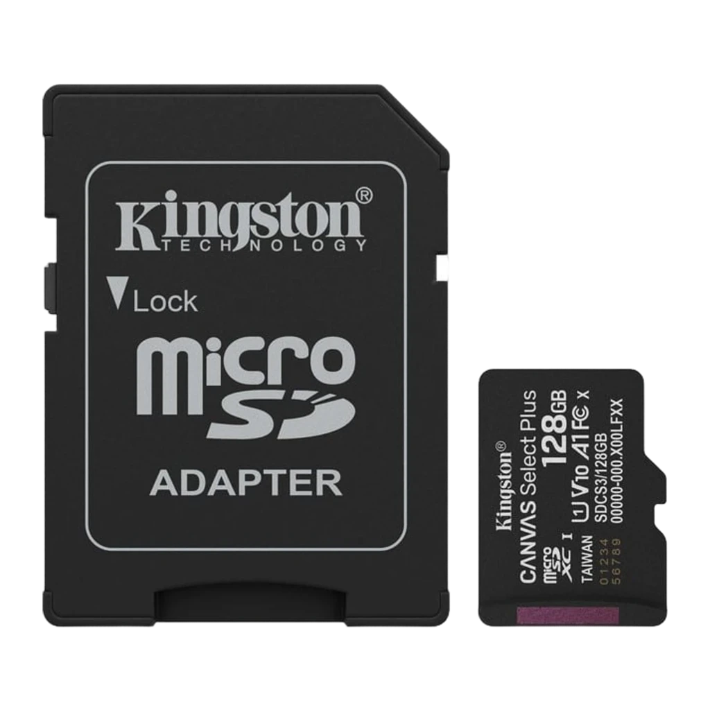 Kingston Canvas Select Plus microSD 128GB noir, kit frontal plat: adaptateur SD à gauche et carte microSD à droite