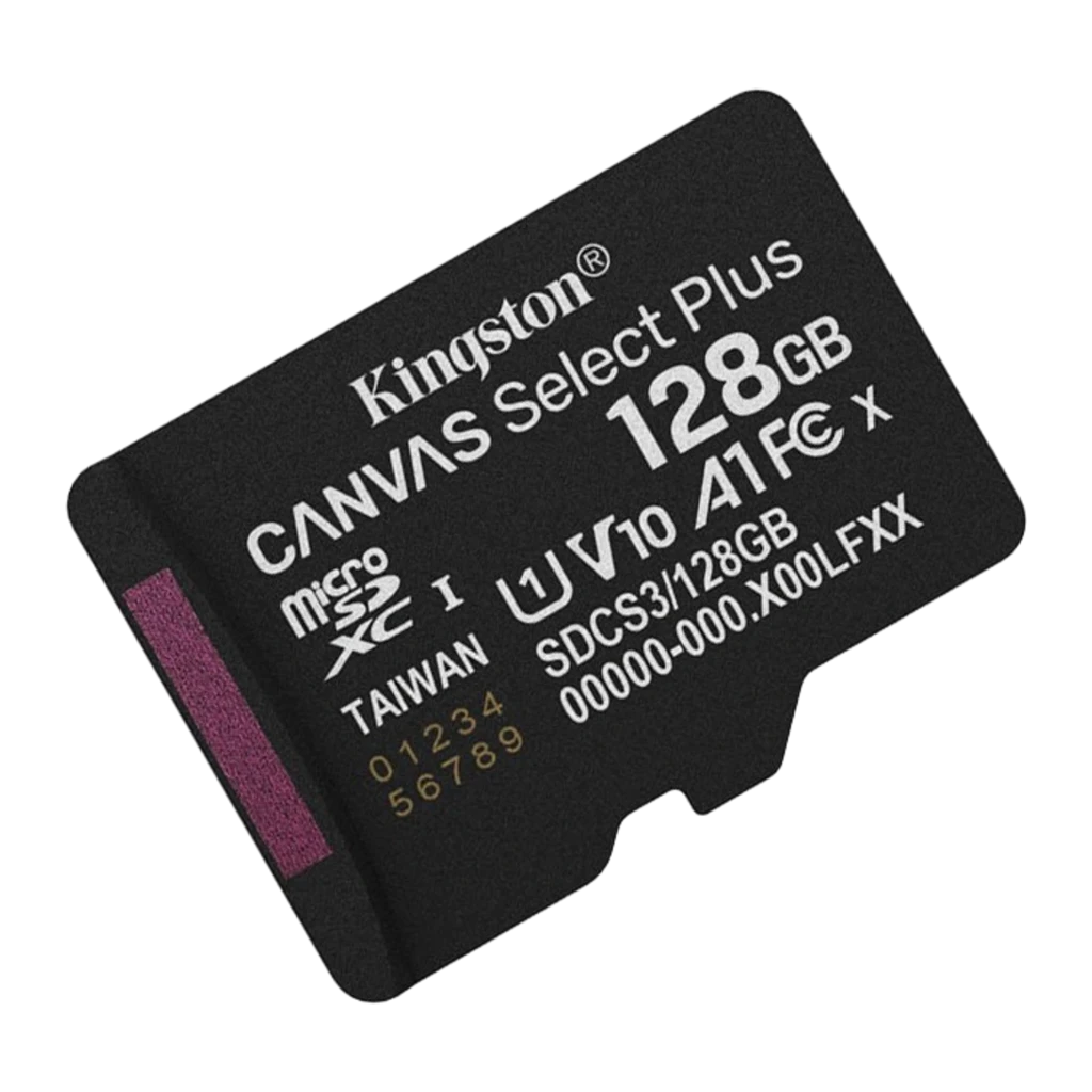 Kingston Canvas Select Plus microSD 128GB noir, vue en angle: face supérieure inclinée montrant le logo et la bande violette