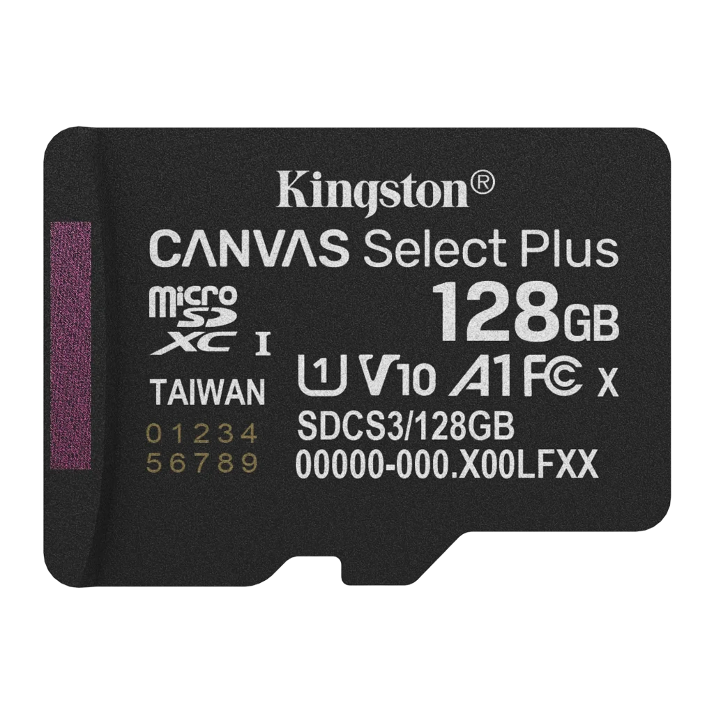 Kingston Canvas Select Plus microSD 128GB noir, vue de face: face supérieure avec logo, capacité 128GB et certifications V10