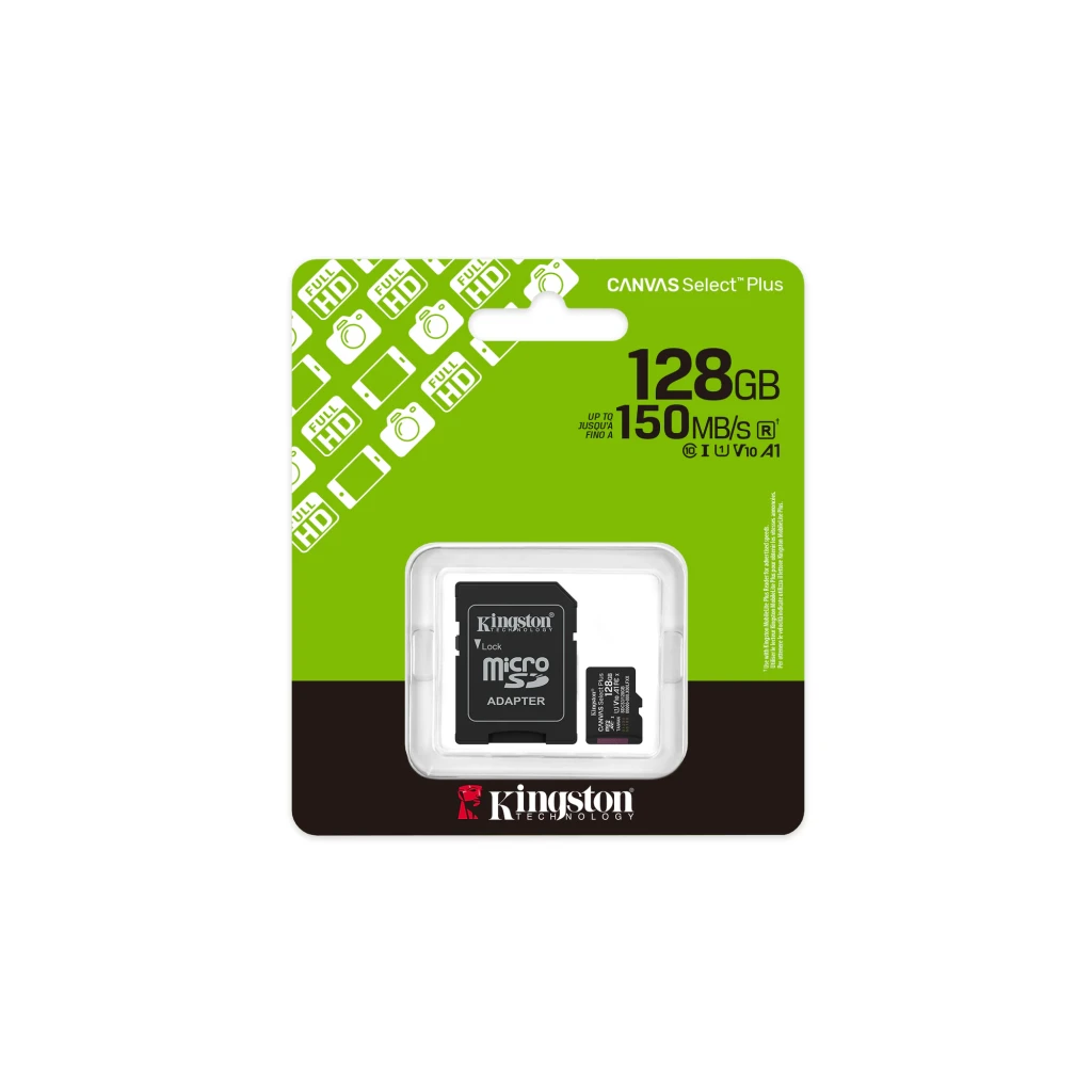 Kingston microSD Canvas Select Plus 128GB noir, emballage face avant: blister vert avec carte et adaptateur SD visibles