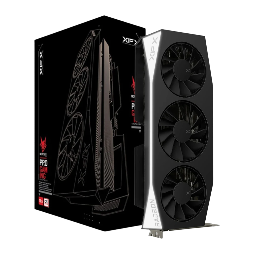 XFX Mercury Radeon RX 9060 XT OC Gaming 16GB negro, tarjeta vertical con caja: tres ventiladores frontales, franja blanca y