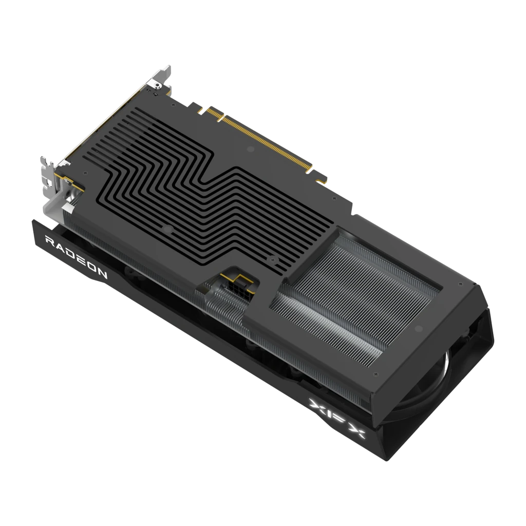 XFX Mercury Radeon RX 9060 XT OC Gaming 16GB negro, vista trasera en ángulo: backplate con diseño de líneas onduladas y