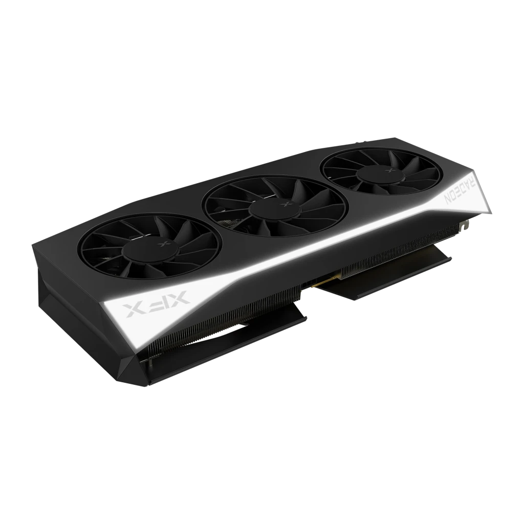 XFX Mercury Radeon RX 9060 XT OC Gaming 16GB negro, vista frontal en ángulo: tres ventiladores y franja plateada con logo XFX