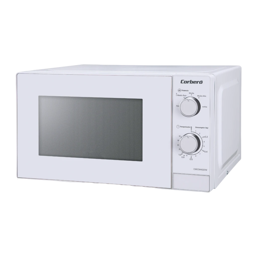 Corberó CMICM4020W Blanc, vue de face en angle: micro-ondes avec porte fermée et deux boutons rotatifs
